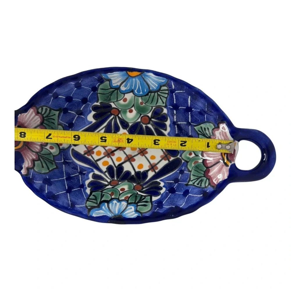 Talavera Mexican Pottery Oval Serving Dish Blue‎ Floral Hand Painted Lead Free